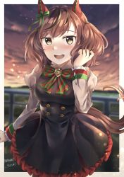 Rule 34 | 1girl, :d, absurdres, animal ears, artist name, black dress, blurry, blurry background, blush, bow, bowtie, brown eyes, dress, green bow, green ribbon, hair ribbon, hand up, highres, horse ears, horse girl, horse tail, long sleeves, looking at viewer, mamame suzuki, medium hair, nice nature (umamusume), open mouth, outdoors, pinafore dress, puffy sleeves, red bow, ribbon, sleeveless dress, smile, solo, standing, striped, striped bow, tail, twilight, umamusume