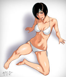 Rule 34 | 1girl, absurdres, arm support, artist name, barefoot, bikini, black hair, blush, breasts, brown eyes, cleavage, collarbone, final fantasy, final fantasy vii, forehead protector, from above, halterneck, highres, looking at viewer, medium breasts, navel, sgk, shadow, short hair, side-tie bikini bottom, signature, simple background, sitting, smile, solo, stomach, string bikini, swimsuit, wet, white background, white bikini, yuffie kisaragi
