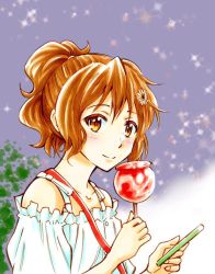 Rule 34 | 1girl, bare shoulders, blush, brown eyes, brown hair, candy apple, collarbone, flower, food, frilled shirt, frills, hair flower, hair ornament, hands up, hibike! euphonium, holding, holding food, holding phone, looking at viewer, oumae kumiko, phone, ponytail, shirt, short hair, smile, solo, strap, traditional media, waretaka, white shirt