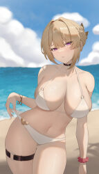 1girl absurdres beach bikini black_choker blonde_hair blue_sky bracelet braid braided_bun breasts choker cloud day evelyn_chevalier hair_bun highres jewelry large_breasts looking_at_viewer navel ocean outdoors parted_lips purple_eyes ring scrunchie sky solo stomach swimsuit thigh_strap white_bikini wrist_scrunchie xiiinaam_98 zenless_zone_zero