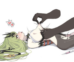 Rule 34 | 1girl, 1other, ahegao, anger vein, bare shoulders, bdsm, black gloves, black pantyhose, blush, bondage, bound, breasts, disembodied limb, dress, elbow gloves, gloves, goseumgoseumdochi, green eyes, green hair, heart, highres, honkai (series), honkai impact 3rd, long hair, lying, mobius (honkai impact), nipple stimulation, nipple tweak, nipples, on back, open mouth, pantyhose, restrained, simple background, small breasts, solo focus, spoken heart, syringe, tongue, tongue out, torn clothes, torn pantyhose, v-shaped eyebrows, very long hair, white background, white dress