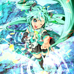 Rule 34 | 1girl, aqua eyes, aqua hair, female focus, full body, hatsune miku, long hair, microphone, music, musical note, necktie, open mouth, reri, singing, skirt, solo, thighhighs, twintails, very long hair, vocaloid