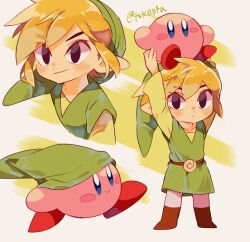 Rule 34 | 1boy, arms up, artist name, belt, black eyes, blonde hair, blue eyes, blush, blush stickers, boots, brown belt, brown footwear, closed mouth, commentary request, full body, green background, green headwear, green shirt, green tunic, hair between eyes, hat, highres, holding, kirby, kirby (series), link, long sleeves, multiple views, nintendo, pointy ears, shirt, short hair, sidelocks, simple background, smile, smirk, the legend of zelda, the legend of zelda: the wind waker, tokuura, toon link, tunic, twitter username, upper body, white background