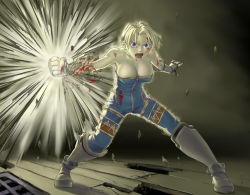 Rule 34 | 1girl, bare shoulders, blonde hair, blood, blue eyes, boots, breasts, cleavage, elbow gloves, female focus, final fantasy, final fantasy tactics, full body, gloves, large breasts, monk, monk (fft), muhamado, open mouth, short hair, solo