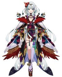 Rule 34 | 1girl, absurdly long hair, aqua eyes, aqua hair, bell, black kimono, black skirt, bow, breasts, chest tattoo, cleavage, earrings, facial mark, fang, feather trim, feathered wings, flower, full body, gem, hair flower, hair ornament, halterneck, heart, highres, indie virtual youtuber, japanese clothes, jewelry, jingle bell, kimono, large breasts, long hair, long sleeves, looking at viewer, miniskirt, mole, mole on thigh, mole under mouth, obi, off shoulder, official art, open mouth, platform clogs, platform footwear, pleated skirt, purple bow, purple rope, red flower, red wings, rope, sash, second-party source, shigoku tobi, shimenawa, simple background, single thighhigh, skindentation, skirt, sleeves past fingers, sleeves past wrists, solo, standing, tachi-e, tassel, tattoo, thigh strap, thighhighs, tiara, touzai (poppin phl95), very long hair, virtual youtuber, white background, white hair, white kimono, white thighhighs, wide sleeves, wings