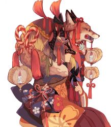 Rule 34 | 1other, ambiguous gender, animal, animal on shoulder, blue capelet, candle, capelet, clothed animal, floral print, fox, fox mask, fringe trim, from side, highres, holding pinwheel, mask, mouth hold, obi, original, pinwheel, profile, red skirt, rope, sash, shimenawa, simple background, sitting, skirt, tassel, tonbippo08, white background