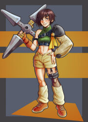 Rule 34 | 1girl, asymmetrical legwear, belt, breasts, brown eyes, brown hair, brown shorts, commentary, crop top, effy neprin, final fantasy, final fantasy vii, fingerless gloves, forehead protector, freckles, full body, gloves, headband, highres, holding, holding shuriken, holding weapon, midriff, navel, open fly, outside border, short shorts, shorts, shuriken, single fingerless glove, single sleeve, sleeveless, sleeveless turtleneck, small breasts, smile, solo, toned, turtleneck, weapon, yuffie kisaragi