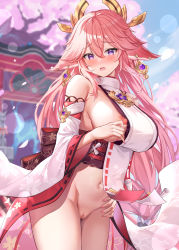 Rule 34 | 1girl, absurdres, animal ears, bad id, bad pixiv id, bare shoulders, blouse, blurry, blurry background, blush, breasts, censored, cherry blossom print, cherry blossoms, commentary request, day, detached sleeves, earrings, embarrassed, eric (tianqijiang), falling petals, floral print, genshin impact, gold, hair between eyes, hair ornament, highres, japanese clothes, jewelry, kimono, large breasts, lens flare, long hair, looking at viewer, mosaic censoring, nail polish, navel, nipple slip, nipples, obi, open mouth, outdoors, paid reward available, petals, pink hair, pink nails, purple eyes, pussy, raised eyebrows, sash, shirt, sideboob, solo, stomach, temple, thighs, very long hair, white kimono, white shirt, wide sleeves, wind, wind lift, yae miko
