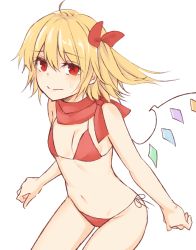 Rule 34 | 1girl, ahoge, bare arms, bare shoulders, bikini, blonde hair, blush, bow, breasts, commentary request, cowboy shot, flandre scarlet, hair between eyes, hair bow, looking at viewer, miyo (ranthath), navel, one side up, red bikini, red bow, red eyes, red scarf, scarf, short hair, side-tie bikini bottom, simple background, small breasts, solo, split mouth, stomach, sweat, swimsuit, thighs, touhou, unfinished, white background, wings
