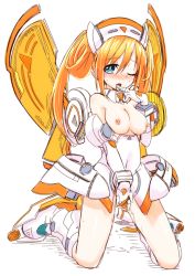 Rule 34 | 1girl, blue eyes, blush, breasts, female masturbation, fingering, long hair, masturbation, neptune (series), nipples, one eye closed, open mouth, orange hair, orange heart (neptunia), pussy juice, grabbing own breast, solo, source request, spread legs, symbol-shaped pupils, twintails