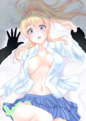 Rule 34 | 10s, 1girl, 1other, ayase eli, blonde hair, blouse, blue eyes, blush, breasts, breasts apart, cleavage, frapowa, large breasts, long hair, looking at viewer, love live!, love live! school idol project, lying, navel, no bra, on back, open clothes, open mouth, open shirt, shirt, sideboob, silhouette, skirt, solo focus, sparkle, white shirt