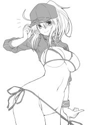 Rule 34 | 1girl, adjusting clothes, adjusting headwear, ahoge, artoria pendragon (fate), baseball cap, bikini, bikini pull, breasts, closed mouth, clothes pull, commentary, cowboy shot, fate/grand order, fate (series), greyscale, groin, hair through headwear, hat, highres, kiriya (aprikose 0312), large breasts, long sleeves, looking at viewer, medium hair, monochrome, mysterious heroine x (fate), mysterious heroine xx (fate), navel, notice lines, ponytail, pulling own clothes, shrug (clothing), side-tie bikini bottom, smile, solo, standing, swimsuit, thigh strap, wristband, zipper