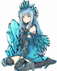 Rule 34 | 10s, 1girl, :/, armlet, bare shoulders, between legs, black thighhighs, blue eyes, blue hair, blush, breasts, cleavage, closed mouth, crystal, detached sleeves, dress, erin (granblue fantasy), eyebrows, granblue fantasy, hair ornament, long hair, long sleeves, matching hair/eyes, nagi 099, pointy ears, short dress, simple background, sitting, sleeveless, sleeveless dress, small breasts, solo, thighhighs, wariza, white background, zettai ryouiki