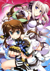 Rule 34 | 2girls, absurdres, black footwear, black gloves, black shorts, blue eyes, boots, bow, breasts, breasts apart, brown hair, clenched hand, clenched teeth, crop top, detached sleeves, fingerless gloves, floating hair, fujima takuya, fuka reventon, gloves, green bow, hair between eyes, hair bow, highres, long hair, looking at viewer, lyrical nanoha, medium breasts, midriff, miniskirt, multiple girls, navel, open mouth, outstretched arm, pleated skirt, ponytail, rinne berlinetta, short shorts, shorts, silver hair, skirt, stomach, teeth, thighhighs, very long hair, vivid strike!, white legwear, white skirt