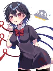 Rule 34 | 1girl, asymmetrical wings, black dress, black hair, blue wings, blush, bow, bowtie, breasts, dress, hair between eyes, houjuu nue, looking at viewer, medium breasts, open mouth, red bow, red bowtie, red eyes, red wings, short dress, siomi 403, solo, thighhighs, touhou, wings, wristband