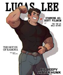 Rule 34 | 1boy, alternate skin color, arm hair, arm up, bara, beard stubble, biceps, black hair, covered abs, dark-skinned male, dark skin, denim, english text, facial hair, feet out of frame, flexing, highres, jeans, large pectorals, looking at viewer, lucas lee, male focus, muscular, muscular male, one eye closed, pants, pectorals, revereets, scott pilgrim (series), scott pilgrim takes off, shirt, short hair, short sleeves, smile, solo, source quote parody, standing, stubble, t-shirt, thick eyebrows, tight clothes, tight shirt