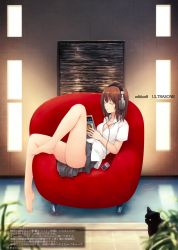 Rule 34 | 1girl, absurdres, ass, bare legs, barefoot, black cat, black skirt, blurry, breasts, brown hair, cat, chair, cleavage, coffee-kizoku, collarbone, collared shirt, depth of field, digital media player, closed eyes, feet, foot dangle, full body, grey skirt, headphones, highres, indoors, ipod, knee up, legs, listening to music, magazine (object), medium breasts, miniskirt, open clothes, open shirt, original, parted lips, plant, pleated skirt, shirt, short hair, short sleeves, skirt, solo, toes, white shirt