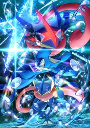 Rule 34 | absurdres, ash-greninja, bright pupils, commentary request, creatures (company), eye trail, game freak, gen 6 pokemon, glowing, glowing eyes, greninja, highres, legs apart, light trail, nintendo, pink eyes, pokemer, pokemon, pokemon (creature), red eyes, shuriken, squatting, water, water drop, weapon, white pupils