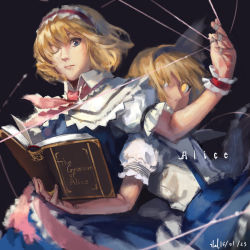Rule 34 | 2girls, alice margatroid, alice margatroid (pc-98), bad id, bad pixiv id, blue dress, blue eyes, capelet, dress, dual persona, fancybetty, grimoire of alice, hair ribbon, hairband, lolita hairband, looking at viewer, multiple girls, one eye closed, puffy short sleeves, puffy sleeves, puppet rings, puppet strings, ribbon, ring, sash, shirt, short sleeves, skirt, suspenders, touhou, touhou (pc-98), yellow eyes