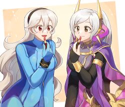 Rule 34 | 2girls, absurdres, alternate costume, applying makeup, betabetamaru, black hairband, blue bodysuit, bodysuit, breasts, brown eyes, cape, cleavage, commentary, commentary request, commission, corrin (female) (fire emblem), corrin (fire emblem), cosmetics, cosplay, english commentary, fire emblem, fire emblem awakening, fire emblem fates, fire emblem heroes, hairband, headgear, highres, large breasts, light brown hair, lipstick tube, long hair, metroid, mixed-language commentary, multiple girls, nintendo, official alternate costume, purple cape, robin (female) (fell tactician) (fire emblem), robin (female) (fire emblem), robin (fire emblem), samus aran, samus aran (cosplay), see-through, see-through cleavage, skeb commission, very long hair, wavy hair, zero suit