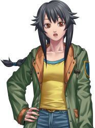 Rule 34 | 1girl, arm at side, belt, black hair, braid, brown eyes, buttons, cowboy shot, drawstring, fingernails, hair tie, hand on own hip, hood, hood down, kagelow, long hair, long sleeves, looking at viewer, official art, open mouth, pants, raging loop, serizawa chiemi, sidelocks, solo, tachi-e, teeth, third-party source, tongue, transparent background, upper teeth only, variant set