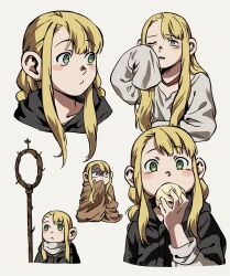 Rule 34 | 1girl, alternate species, asymmetrical bangs, black robe, blanket, blonde hair, blush, braid, chibi, choker, dumpling, dungeon meshi, eating, food, frown, gloom (expression), green eyes, hair down, halfling, highres, holding, holding food, korean commentary, layered sleeves, long hair, long sleeves, looking at viewer, looking to the side, marcille donato, marcille donato (half-foot), multiple views, one eye closed, oversized clothes, pout, robe, scarf, short over long sleeves, short sleeves, sidelocks, simple background, sleeves past fingers, sleeves past wrists, staff, under covers, white background, white scarf, wiping face, yuhan 1002