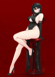 Rule 34 | 1girl, black dress, black footwear, black gloves, black hair, breasts, dress, elbow gloves, full body, gloves, hair between eyes, hayabusa, highres, large breasts, legs, long hair, looking at viewer, mole, mole on breast, mole under eye, mole under mouth, original, purple eyes, red background, revision, shoes, signature, simple background, sitting, solo, thick thighs, thighs, underboob