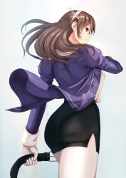 Rule 34 | 10s, 1girl, ashigara (kancolle), ass, belt, black skirt, brown eyes, brown hair, buckle, closed mouth, cowboy shot, from behind, gloves, grey background, hair ornament, hairband, hand up, jacket, juliet sleeves, kantai collection, long hair, long sleeves, looking at viewer, looking back, pantyhose, puffy sleeves, purple jacket, simple background, skirt, smile, solo, standing, unworn belt, walking, white gloves, white hairband, white pantyhose, wind, zenkaku