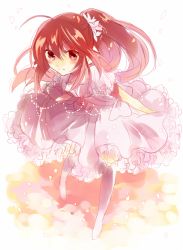 Rule 34 | 1girl, brown hair, chogi, dress, leaning forward, little busters!, long hair, natsume rin, pantyhose, ponytail, red eyes, smile, solo