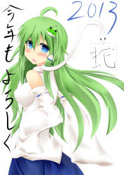 Rule 34 | 10s, 1girl, 2013, absurdres, back, blue eyes, blush, breasts, detached sleeves, frog hair ornament, green hair, hair ornament, hair tubes, highres, kochiya sanae, long hair, looking back, open mouth, skirt, snake hair ornament, solo, touhou, us2s