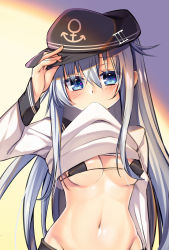 Rule 34 | 1girl, alternate breast size, anchor symbol, bad id, bad pixiv id, black hat, blue eyes, blush, breasts, clothes in mouth, clothes lift, commentary request, flat cap, hair between eyes, hat, hibiki (kancolle), highres, kantai collection, lifted by self, long hair, long sleeves, looking at viewer, medium breasts, mouth hold, navel, school uniform, serafuku, shirt, shirt in mouth, shirt lift, solo, tsukumo matoro, white shirt