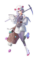 Rule 34 | 1girl, absurdres, alternate costume, bag, belt, boots, breasts, brown belt, collar, crystal, flower, full body, genshin impact, green eyes, grey hair, grey thighhighs, guishenshi, hair behind ear, hand on own hip, hard hat, helmet, highres, jumpsuit, licking lips, looking at viewer, medium breasts, miner, noelle (genshin impact), off shoulder, over shoulder, pickaxe, pouch, red flower, red rose, rock, rose, shirt, short hair, simple background, smile, solo, thighhighs, tongue, tongue out, white background, white footwear, white headwear, white jumpsuit, white shirt