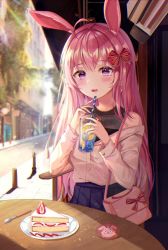Rule 34 | 1girl, ahoge, animal ears, bag, black shirt, blue skirt, blush, bow, cake, cake slice, commentary request, cup, day, drinking straw, earrings, food, fruit, hair bow, highres, holding, holding cup, holding drinking straw, jacket, jewelry, korean commentary, lemon, lemon slice, long hair, looking at viewer, off shoulder, on chair, open mouth, original, pink hair, plate, pleated skirt, purple eyes, rabbit ears, red bow, road, shirt, shoulder bag, skirt, solo, strawberry shortcake, street, table, very long hair, white jacket, wooden chair, wooden table, yulha 06