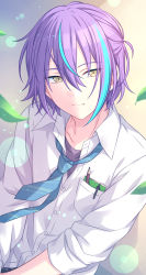 Rule 34 | 1boy, abstract background, absurdres, blue hair, blue necktie, blurry, bokeh, commentary, depth of field, eyebrows hidden by hair, eyes visible through hair, hair between eyes, highres, kamishiro rui, leaf, leaning, male focus, md5 mismatch, multicolored hair, necktie, notebook, official style, pen, pencil, project sekai, purple hair, red shirt, resolution mismatch, sekina, serious, shirt, sidelocks, solo, source smaller, streaked hair, striped necktie, striped neckwear, undershirt, upper body, white shirt, yellow eyes