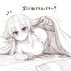 Rule 34 | 1girl, asakawa remon, breasts, cleavage, elf, green hair, greyscale, large breasts, monochrome, original, pajamas, pillow, pointy ears, remona-san, sketch, solo, under covers