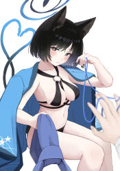 Rule 34 | 1boy, 1girl, absurdres, animal ears, black eyes, black hair, black nails, blue archive, blue halo, blue necktie, blush, breasts, cat ears, cat tail, collarbone, halo, highres, hiiragi7s, kikyou (blue archive), looking at viewer, medium breasts, multiple tails, nail polish, navel, necktie, pale skin, pov, swimsuit, tail, two tails, white background