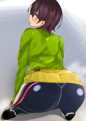 Rule 34 | 1girl, absurdres, alternate costume, ass, bent over, brown hair, from above, from behind, glasses, green sweater, highres, hololive, long sleeves, looking at viewer, looking back, luyheg, mechanical arms, mechanical legs, medium hair, roboco-san, roboco-san (spring sweater), solo, sweat, sweater, tagme, virtual youtuber, yellow eyes