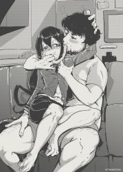 Rule 34 | 1boy, 1girl, artist name, asui tsuyu, beard, black eyes, black hair, black shorts, blush, boku no hero academia, grabbing another&#039;s breast, cabinet, commentary, couch, crossover, english commentary, facial hair, finger in another&#039;s mouth, french kiss, frog girl, grabbing, greyscale, hair rings, half-closed eyes, hand in another&#039;s hair, hand on another&#039;s head, hand on another&#039;s hip, heart, heart-shaped pupils, hetero, highres, indoors, jontron, kiss, kitchen, leg hair, long hair, long tongue, looking at another, monochrome, navel, necktie, pants, partially unbuttoned, pleated skirt, real life, refrigerator, saliva, school uniform, screentones, shirt, shorts, sitting, sitting on person, skirt, symbol-shaped pupils, t-shirt, tongue, tongue out, tongue suck, twitter username, tyrone, u.a. school uniform, very long tongue, watermark, white shirt