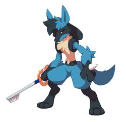 Rule 34 | brown eyes, closed mouth, commentary, commission, creature, creatures (company), english commentary, full body, furry, game freak, gen 4 pokemon, highres, holding, keyblade, kingdom hearts, lucario, nintendo, pokemon, pokemon (creature), salanchu, serious, simple background, solo, white background