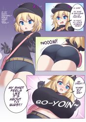 Rule 34 | 1boy, 1girl, ass, ass expansion, black gloves, black shirt, black skirt, blonde hair, blue eyes, blue shorts, blush, borrowed character, breast expansion, breasts, comic, genderswap, genderswap (mtf), gloves, gradient background, highres, huge breasts, jcdr, long hair, navel, open mouth, pink background, purple background, shirt, shorts, skirt, solo, speech bubble, text focus
