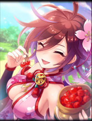 Rule 34 | 1girl, artist request, bag, bare shoulders, blush, breasts, brown hair, cherry, cleavage, cleavage cutout, clothing cutout, closed eyes, floral print, flower, food, fruit, hair between eyes, hair flower, hair ornament, highres, holding, holding bag, holding food, medium breasts, multicolored hair, official art, open mouth, phantom of the kill, shinobi nightmare, smile, solo, two-tone hair, upper body