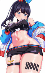 Rule 34 | 1girl, absurdres, black gloves, black hair, black skirt, blue eyes, blue jacket, blush, breasts, cleavage, closed mouth, gloves, gridman universe, gridman universe (film), hair ribbon, halterneck, hands in pockets, highres, jacket, leg tattoo, long hair, looking at viewer, medium breasts, microskirt, midriff, multicolored clothes, multicolored jacket, navel, nootomo, off shoulder, official alternate costume, official alternate hairstyle, open mouth, ponytail, ribbon, shiny skin, shoes, skirt, sneakers, socks, solo, ssss.gridman, swimsuit, takarada rikka, tattoo, thick thighs, thigh strap, thighs, white background, white footwear, white jacket, wide hips
