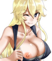 Rule 34 | 1girl, 30-06, bad id, bad pixiv id, bare arms, blonde hair, blue eyes, breast slip, breasts, collarbone, hair between eyes, highres, iowa (kancolle), kantai collection, large breasts, long hair, looking at viewer, messy hair, navel, nipples, one eye closed, open clothes, self exposure, sidelocks, simple background, smile, solo, star-shaped pupils, star (symbol), symbol-shaped pupils, upper body, white background