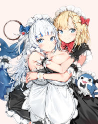 Rule 34 | 2girls, alternate costume, apron, blonde hair, bloop (gawr gura), blue bow, blue eyes, blue hair, blush, bow, breasts, cleavage, commentary request, fins, fish tail, frills, gawr gura, hair ornament, highres, hololive, hololive english, hug, maid, maid apron, maid headdress, medium breasts, multicolored hair, multiple girls, red bow, shark, shark hair ornament, shark tail, sharp teeth, short hair, silver (chenwen), small breasts, smile, tail, teeth, two-tone hair, virtual youtuber, watson amelia, white hair