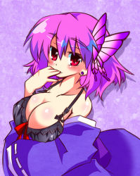Rule 34 | 1girl, bare shoulders, bra, breasts, butterfly hair ornament, cleavage, earrings, female focus, finger to mouth, gin (shioyude), hair ornament, jewelry, large breasts, lingerie, pink hair, red eyes, saigyouji yuyuko, smile, solo, touhou, underwear