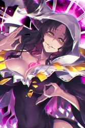 Rule 34 | 1girl, black hair, breasts, collarbone, commentary request, covered navel, facial mark, fate/grand order, fate (series), forehead mark, grin, habit, horns, large breasts, long hair, looking at viewer, matsumoto tomoyohi, nun, parted lips, sessyoin kiara, sexually suggestive, shaded face, smile, solo, tattoo, very long hair, yellow eyes