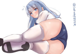 Rule 34 | 1girl, angry, ass, back, black footwear, blue buruma, blue eyes, blue hair, buruma, gym shirt, gym uniform, hatsukaze (kancolle), highres, hime cut, kantai collection, looking at viewer, looking back, lying, on stomach, one-hour drawing challenge, sakura ab, shirt, shoes, short sleeves, simple background, solo, thighhighs, twitter username, white background, white shirt, white thighhighs