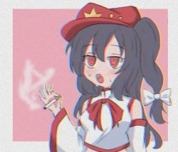 Rule 34 | 1girl, @ @, bare shoulders, black hair, blush, bow, breasts, cabbie hat, cigarette, commentary request, detached sleeves, hat, hat ornament, highres, label girl (dipp), long hair, mandarin collar, medium breasts, midriff, open mouth, red eyes, red hat, red neckwear, red ribbon, ribbon, side ponytail, smoke, smoking, star (symbol), star hat ornament, sweat, tasuku (tusktouhou4), touhou, upper body, vest, white bow, white sleeves, white vest, wide sleeves