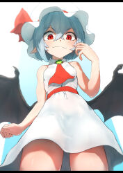 Rule 34 | 1girl, :3, absurdres, ascot, bat wings, blue hair, blush, breasts, buttons, closed mouth, collared dress, commentary request, cowboy shot, crossed bangs, dress, from below, green brooch, hair between eyes, hand up, hat, hat ribbon, highres, long bangs, looking at viewer, looking down, mob cap, pointy ears, red ascot, red eyes, red ribbon, red sash, remilia scarlet, ribbon, sash, short hair, sleeveless, sleeveless dress, slit pupils, small breasts, smile, solo, sotatsudraw, touhou, white background, white dress, white hat, wings