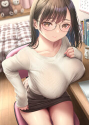 Rule 34 | 1girl, bed, bedroom, black hair, blue hair, blush, book, breast rest, breasts, brown eyes, brown hair, brown skirt, calendar (object), chair, closed mouth, coffee mug, collarbone, colored inner hair, covered erect nipples, cup, glasses, highres, holding, holding pencil, indoors, kase daiki, large breasts, long hair, long sleeves, looking at viewer, mechanical pencil, miniskirt, mug, multicolored hair, notebook, on chair, original, pencil, pencil skirt, sitting, skirt, sleeves past wrists, solo, stuffed toy, sweat, sweater, sweater tucked in, table, thighs, wooden floor, wooden table, yellow eyes